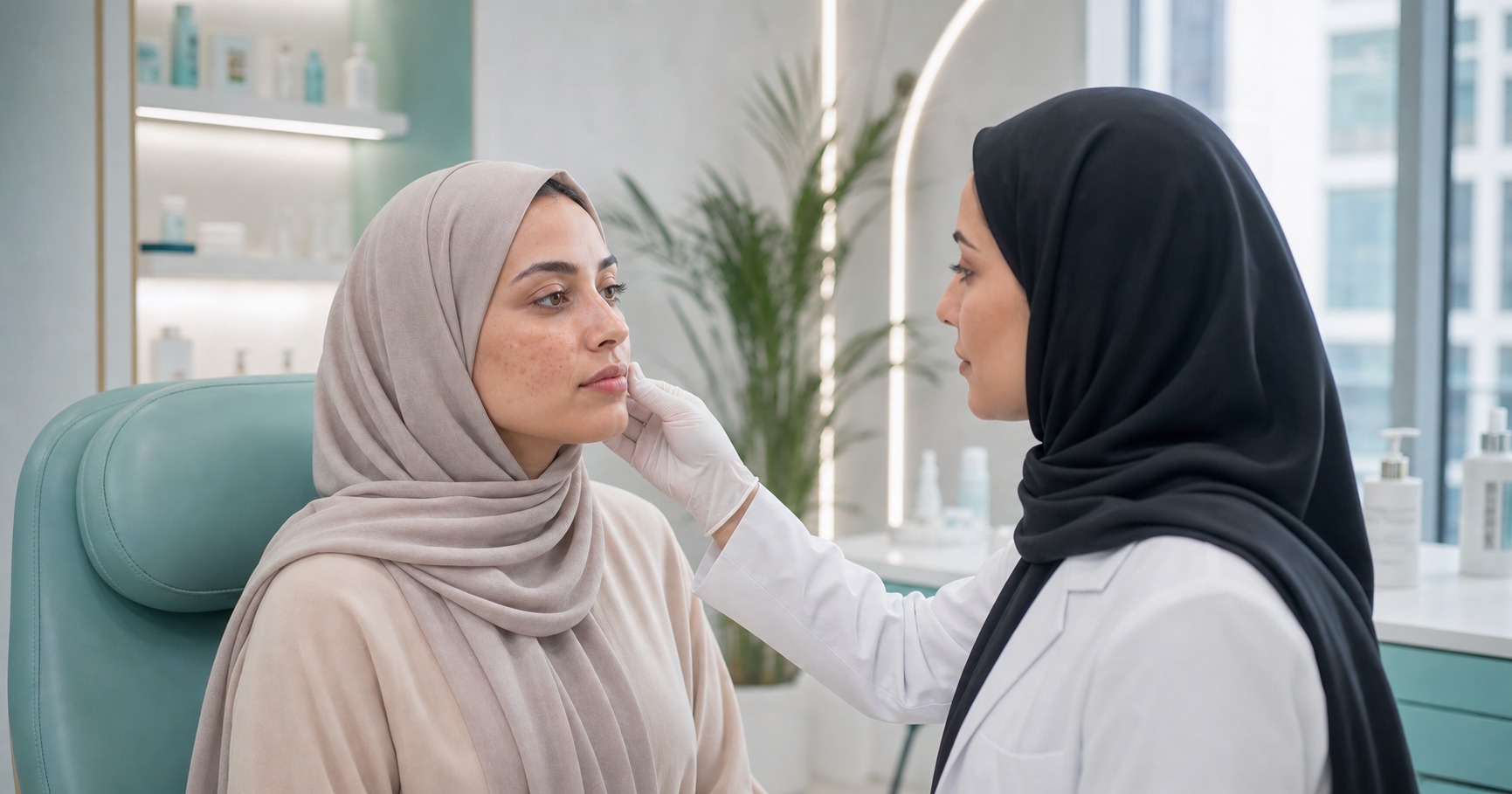 فحص جلدي لملمس البشرة والمسام الواسعة داخل عيادة حديثة