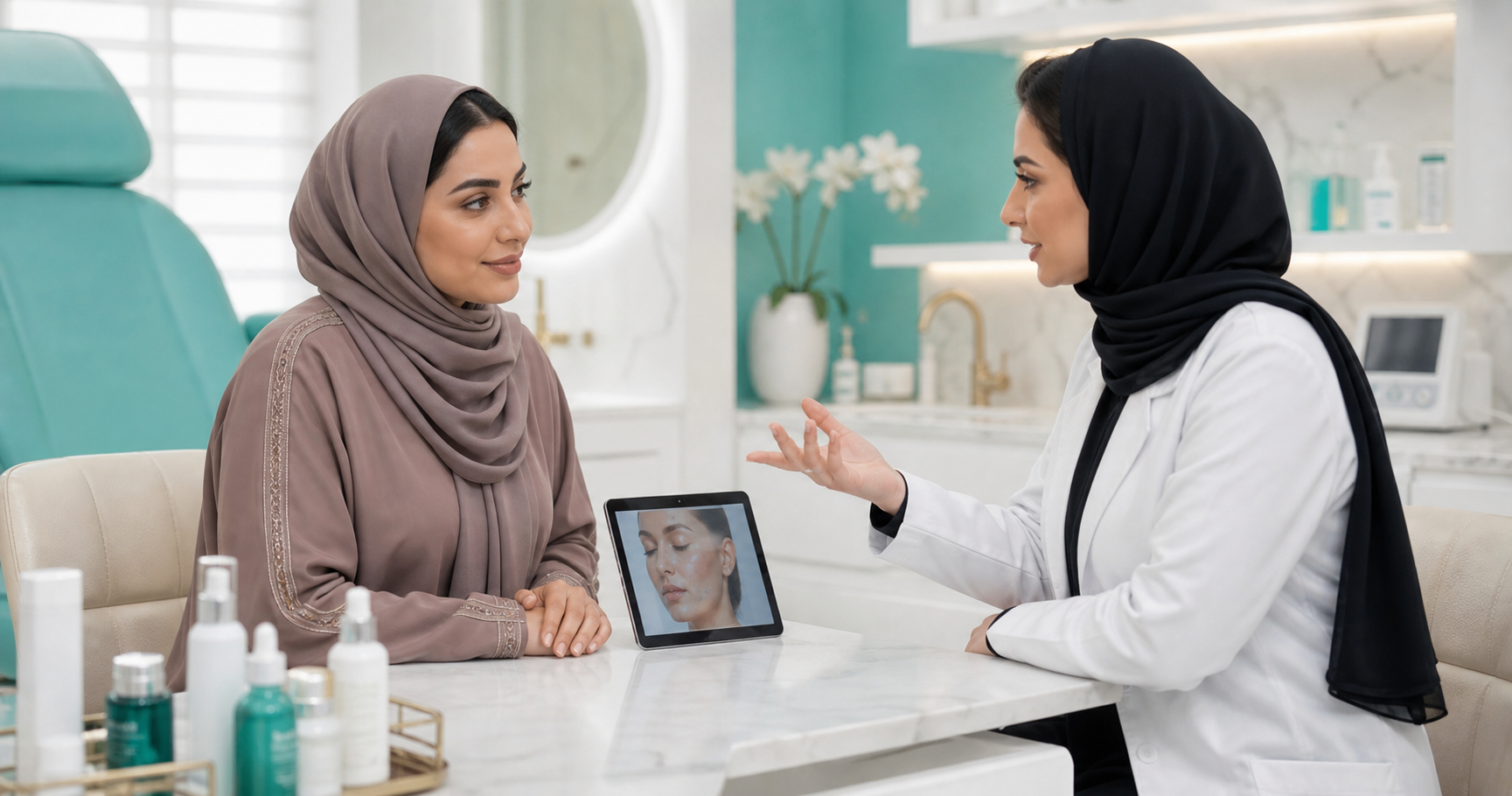 لقطة بصرية لطبيبة تراجع نضارة البشرة في بيئة عيادة حديثة