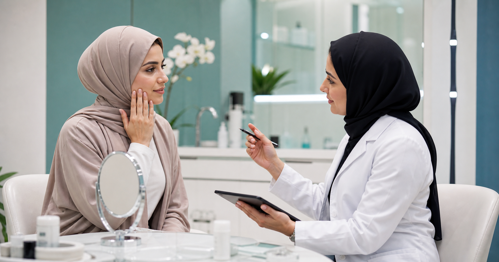 استشارة طبية حول أنواع الحقن التجميلية للوجه في عيادة جلدية