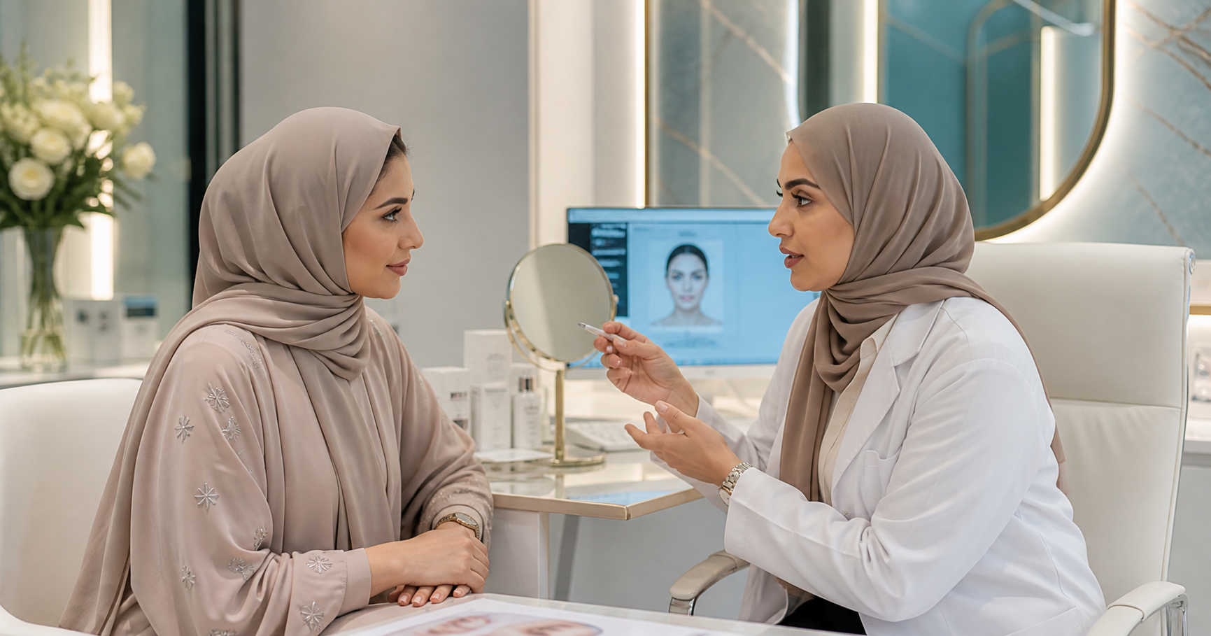 جلسة استشارة في عيادة تجميل غير جراحي لتحديد نوع الحقن المناسب