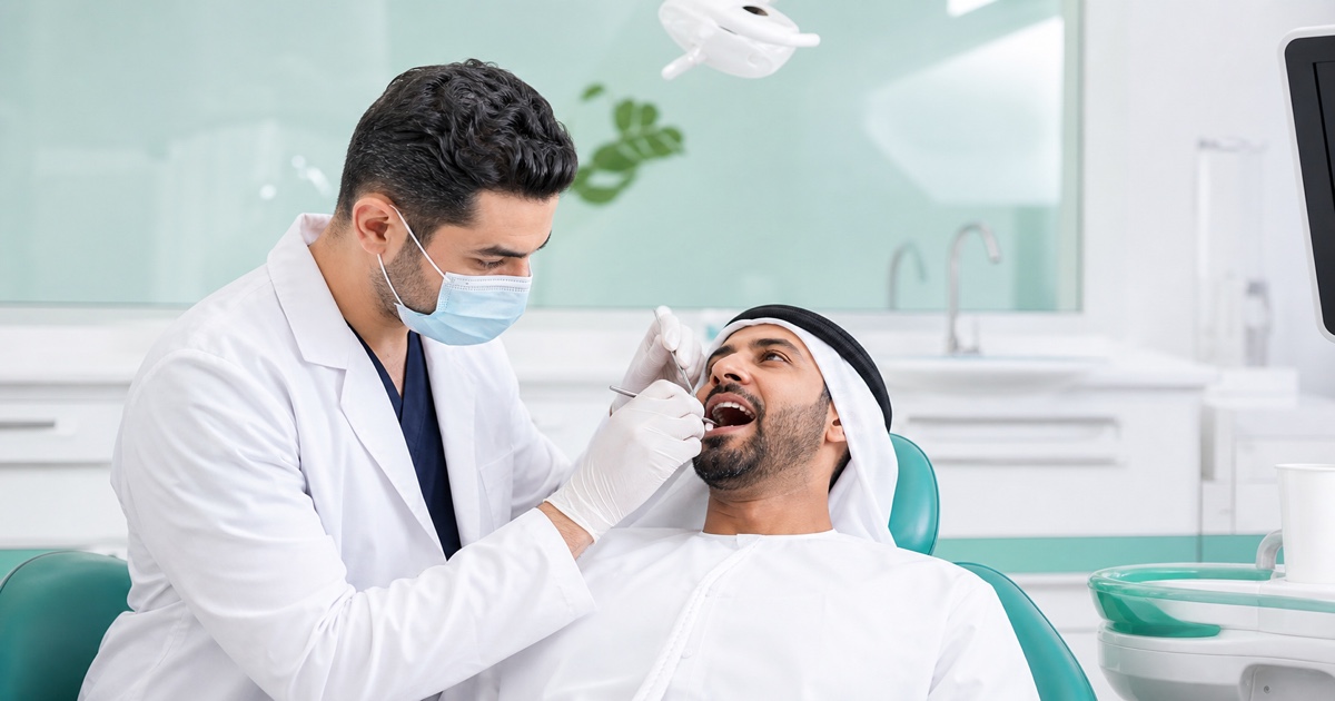 فحص أسنان طفل برفقة والدته داخل عيادة أسنان مناسبة للعائلات في رأس الخيمة