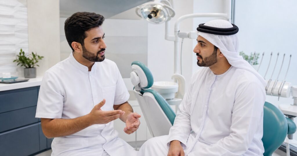 دكتور أسنان يستشير مريضًا في عيادة أسنان حديثة في الشارقة