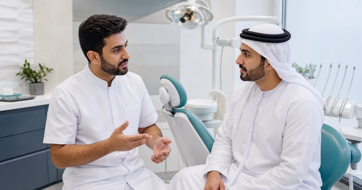 دكتور أسنان يستشير مريضًا في عيادة أسنان حديثة في الشارقة