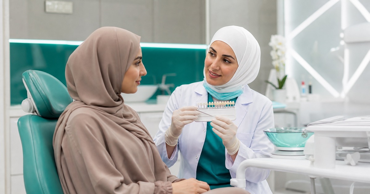 Dental consultation about laser teeth whitening risks in a modern UAE clinic