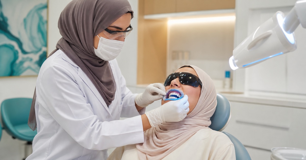 طبيبة أسنان تعزل اللثة قبل جلسة تبييض أسنان مهنية داخل عيادة حديثة في الإمارات
