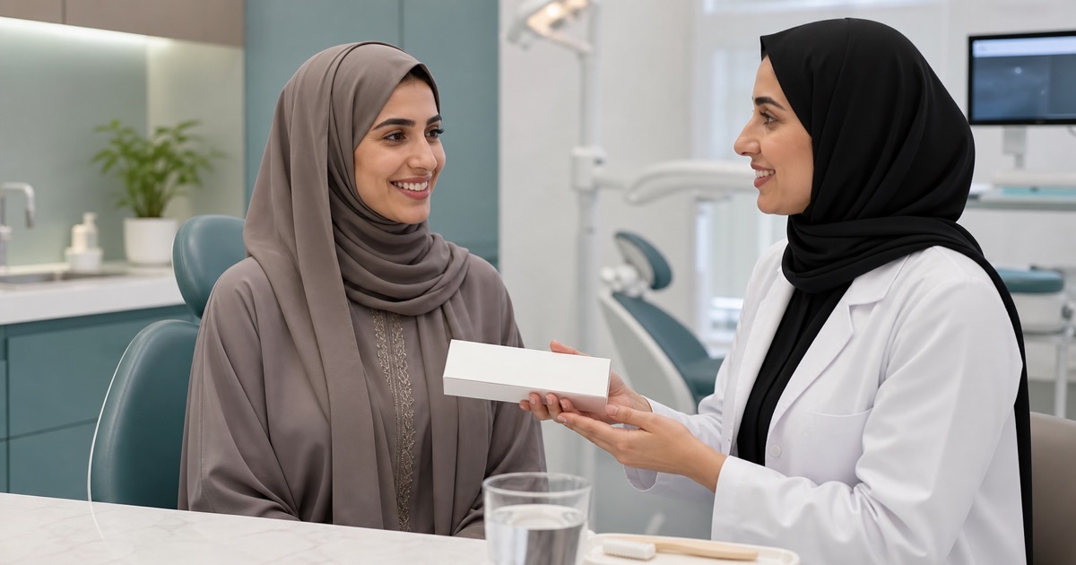 طبيبة أسنان تشرح العناية بعد تبييض الأسنان لمريضة في عيادة إماراتية