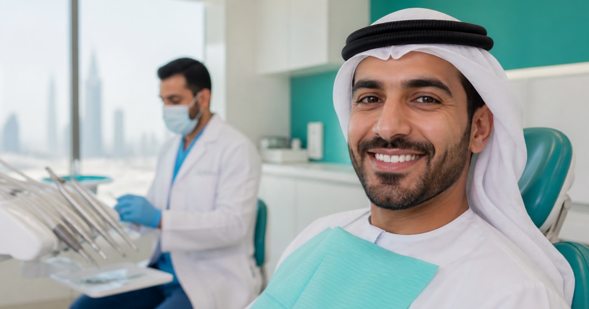 مريض بعد تقييم تجميلي للأسنان في عيادة حديثة