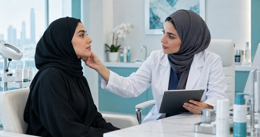 استشارة جلدية في عيادة حديثة مناسبة لمقالات الجلدية والتجميل