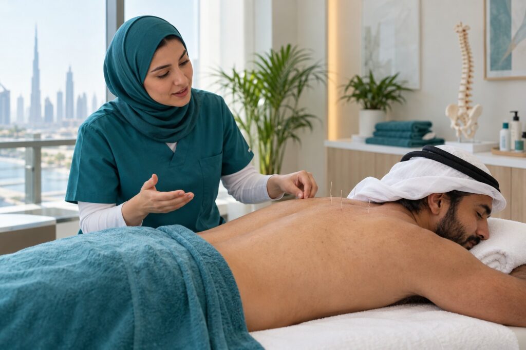 جلسة إبر صينية ضمن العلاج الطبيعي – صورة توضيحية